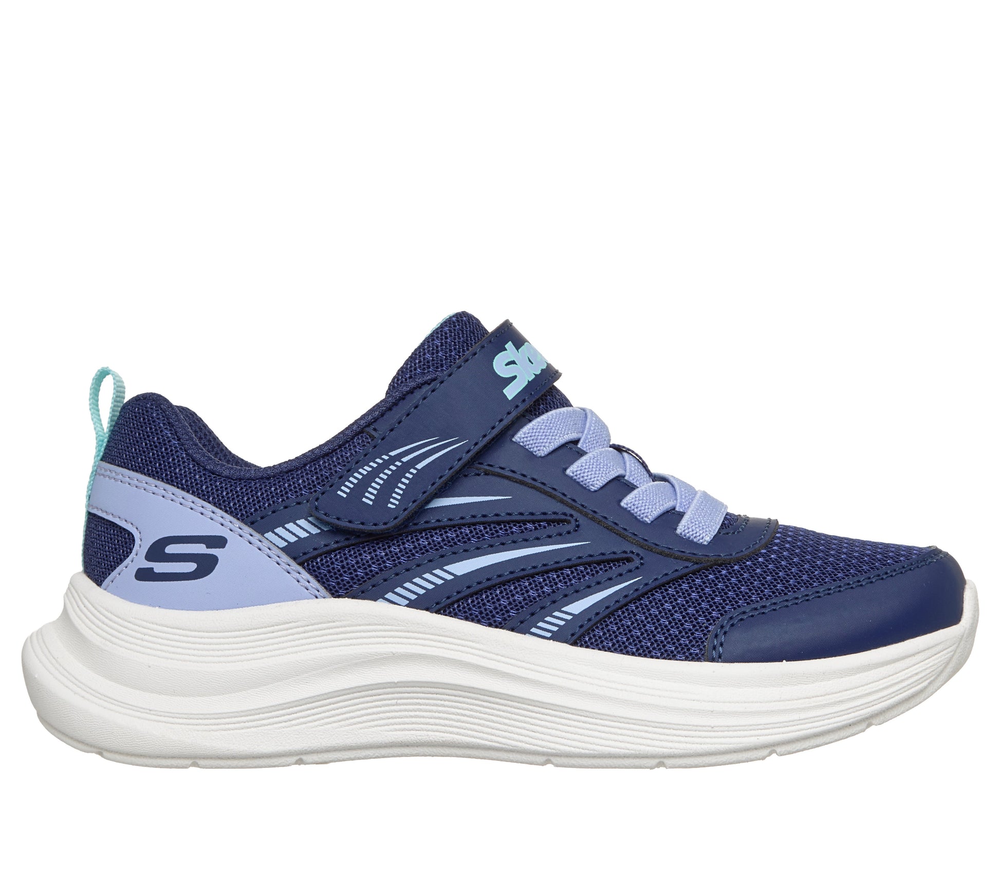 Skechers Streamline girls trainer in navy and light blue with a Velcro strap and white sole. Right side view.