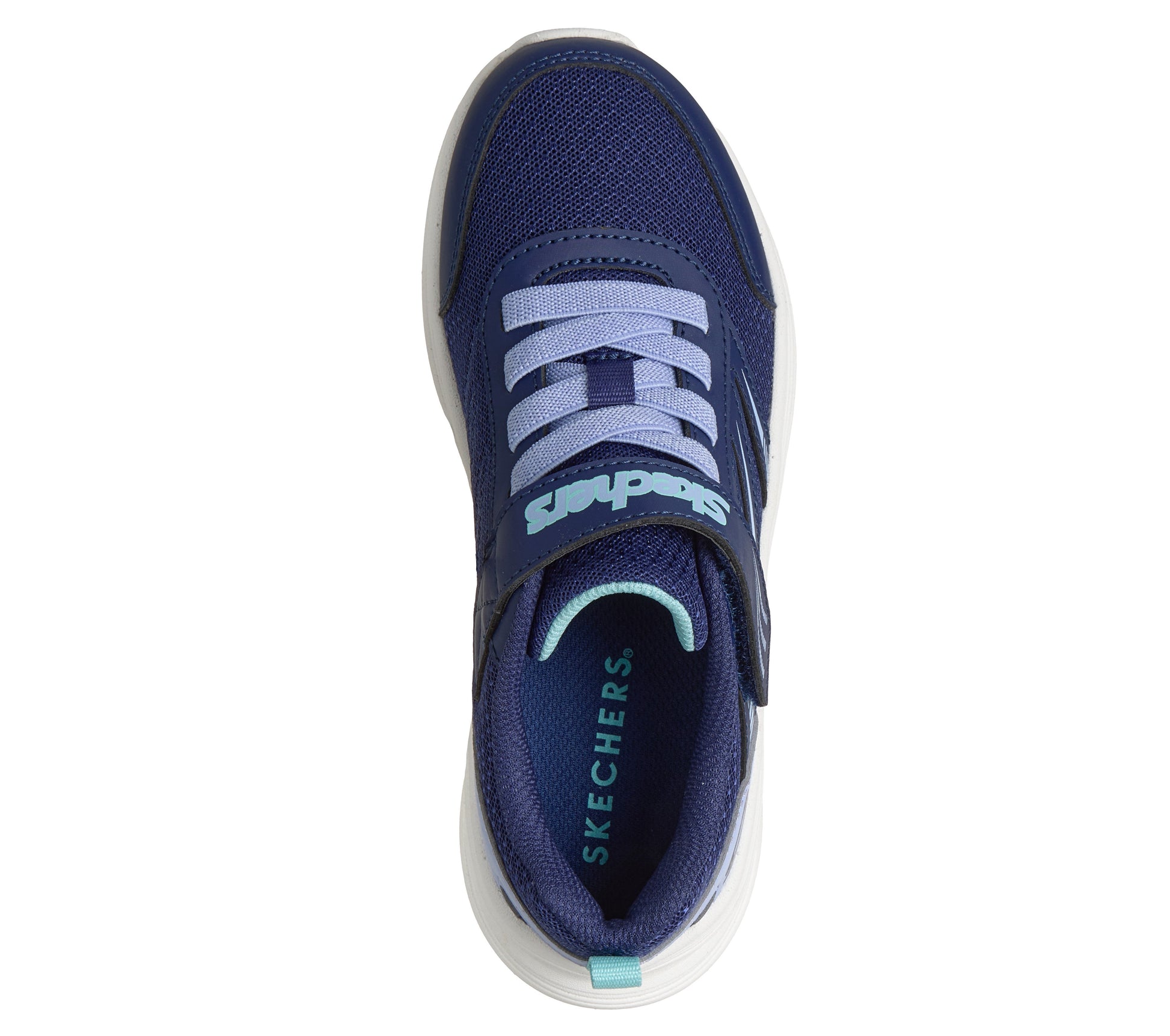 Skechers Streamline girls trainer in navy and light blue with a Velcro strap and white sole. Top view.