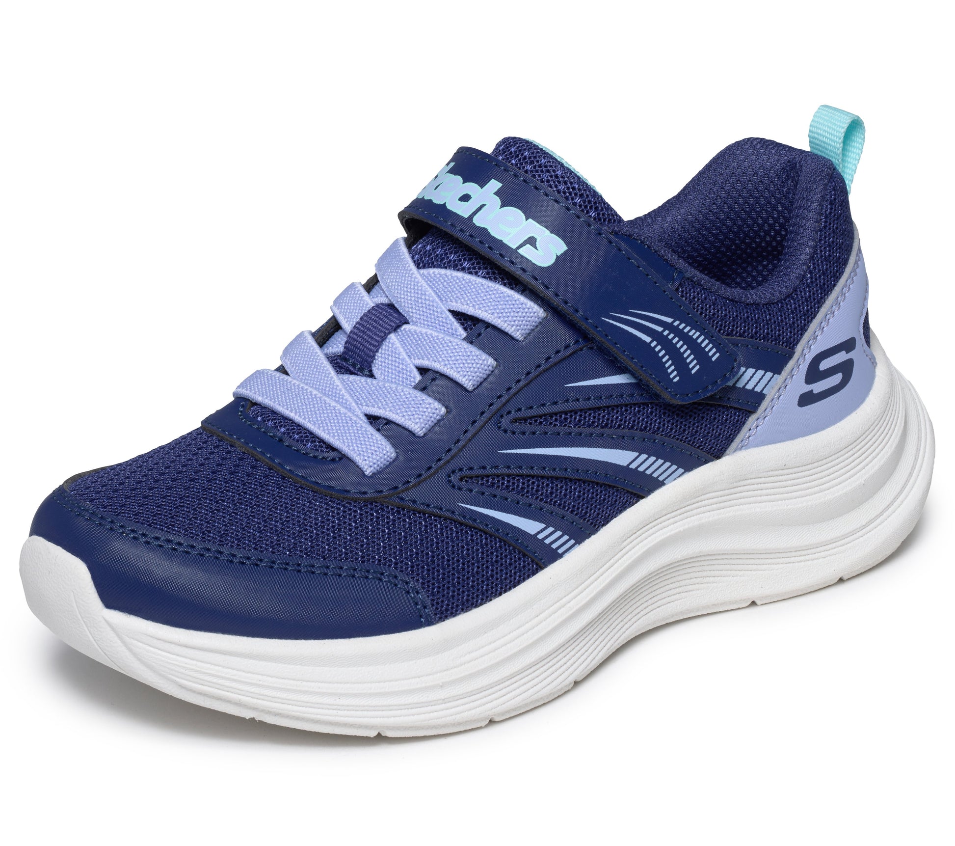 Skechers Streamline girls trainer in navy and light blue with a Velcro strap and white sole. Front right side view.