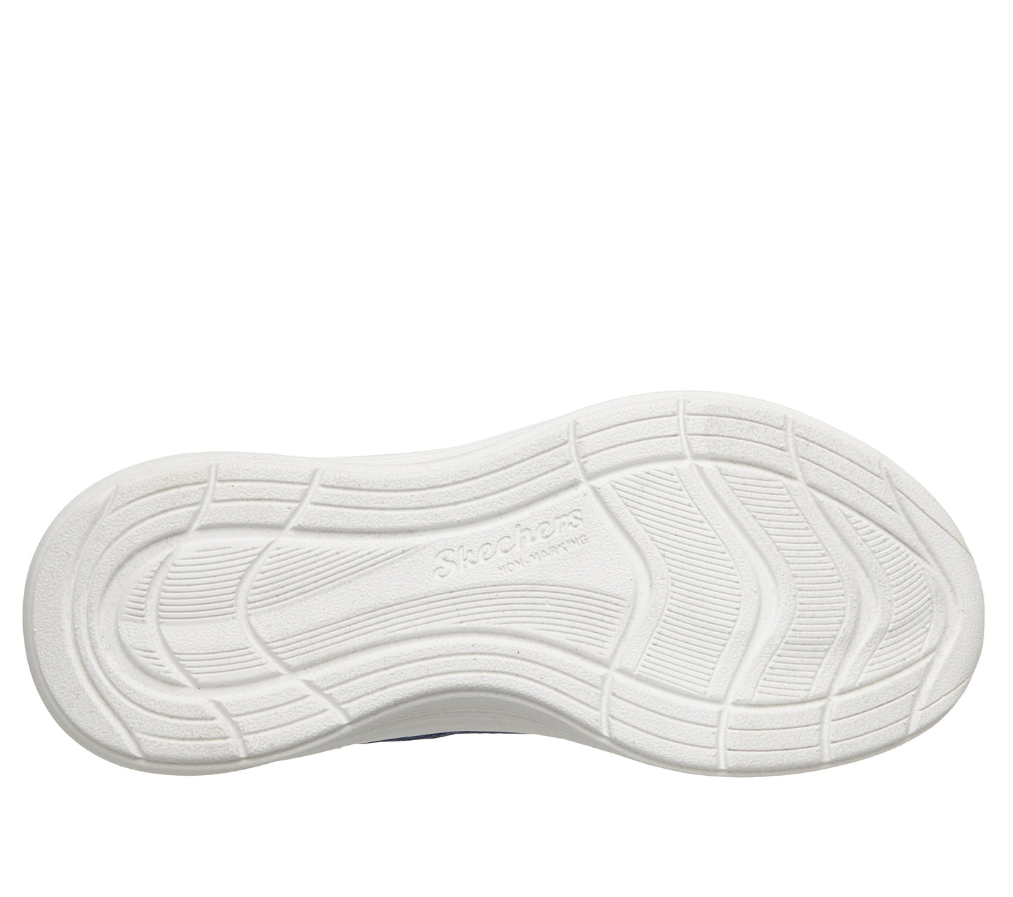 Skechers Streamline girls trainer in navy and light blue with a Velcro strap and white sole. View of sole.