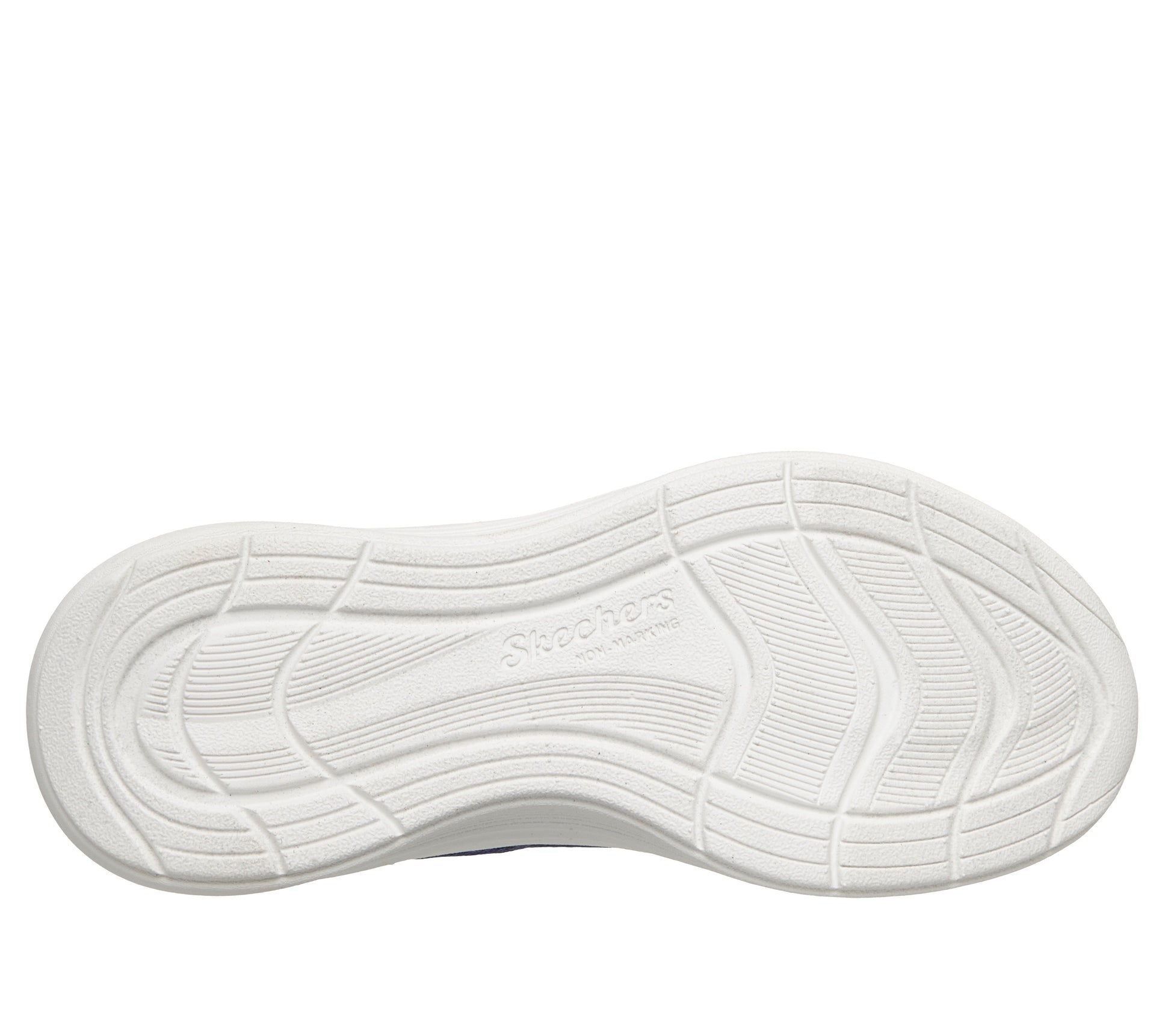 Skechers Streamline girls trainer in navy and light blue with a Velcro strap and white sole. View of sole.