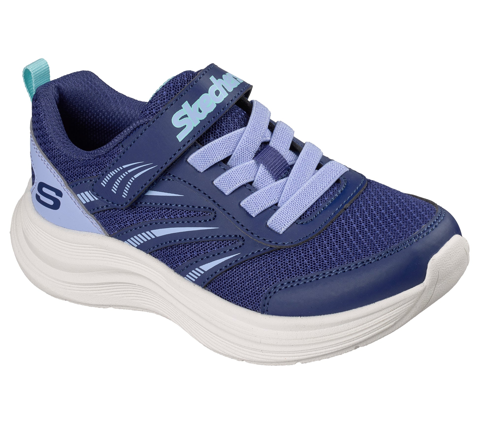 Skechers Streamline girls trainer in navy and light blue with a Velcro strap and white sole. Front left view.
