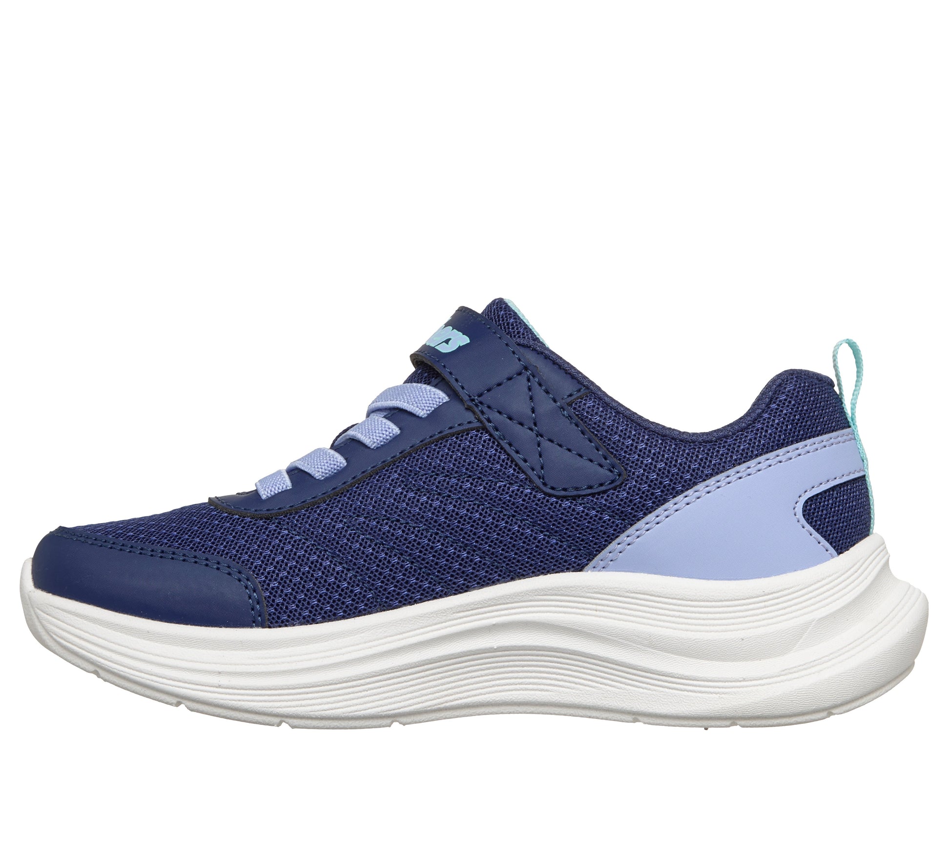 Skechers Streamline girls trainer in navy and light blue with a Velcro strap and white sole. Inner right side view.