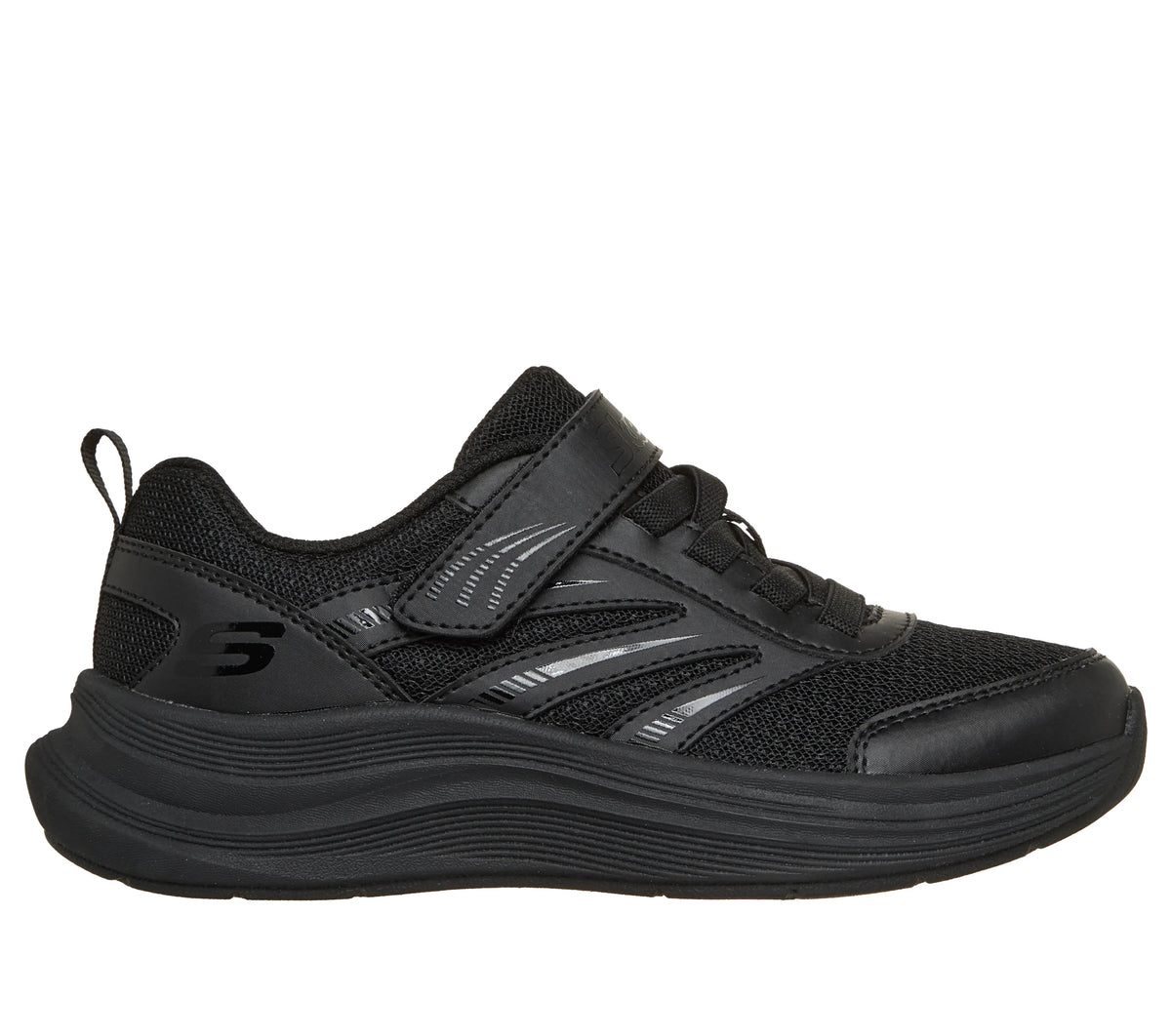 A unisex trainer by Skechers, style Streamline in black with velcro strap, elastic laces and toe and heel bumpers. Right side view
