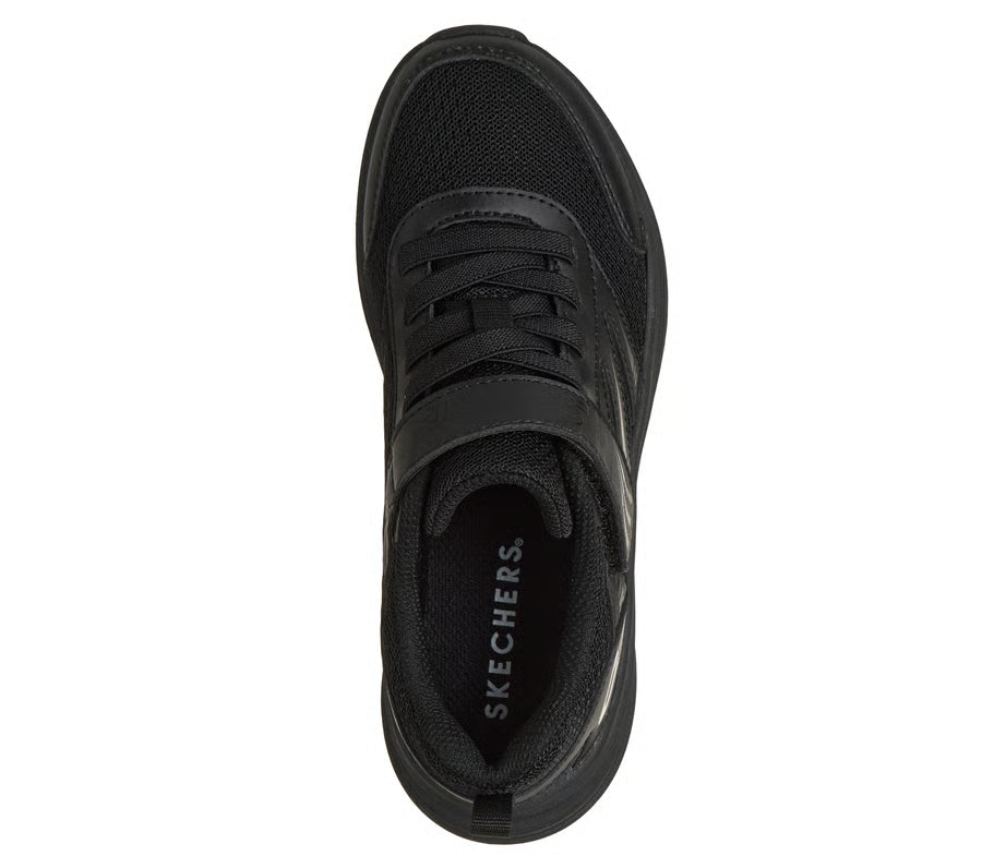 A unisex trainer by Skechers, style Streamline in black with velcro strap, elastic laces and toe and heel bumpers. Top view