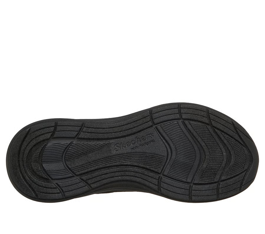 A unisex trainer by Skechers, style Streamline in black with velcro strap, elastic laces and toe and heel bumpers. View of sole