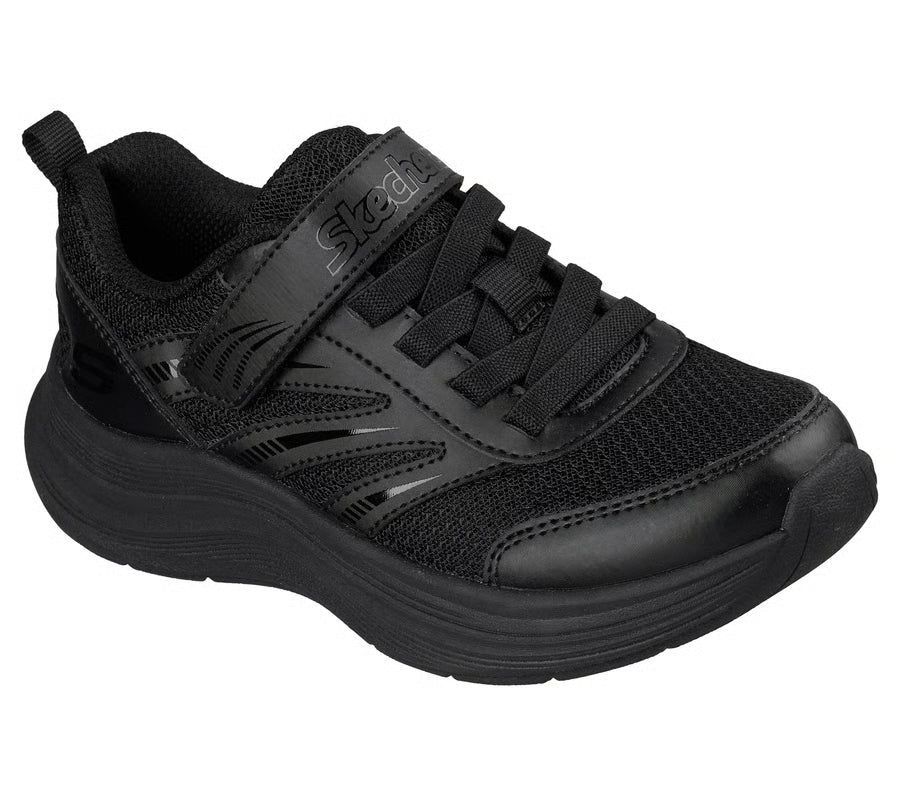 A unisex trainer by Skechers, style Streamline in black with velcro strap, elastic laces and toe and heel bumpers. Angled right side view