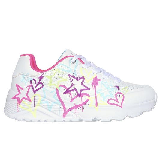 Skechers Uno Lite My Drip in white with multi neon graffiti print and neon pink lining, featuring the Skechers logo. Lave fastening. Right side view.