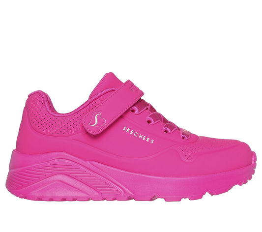 Skechers Uno Lite in neon pink with punched out detail , featuring the Skechers logo. Velcro fastening with flat stretch bungee laces. Right side view.