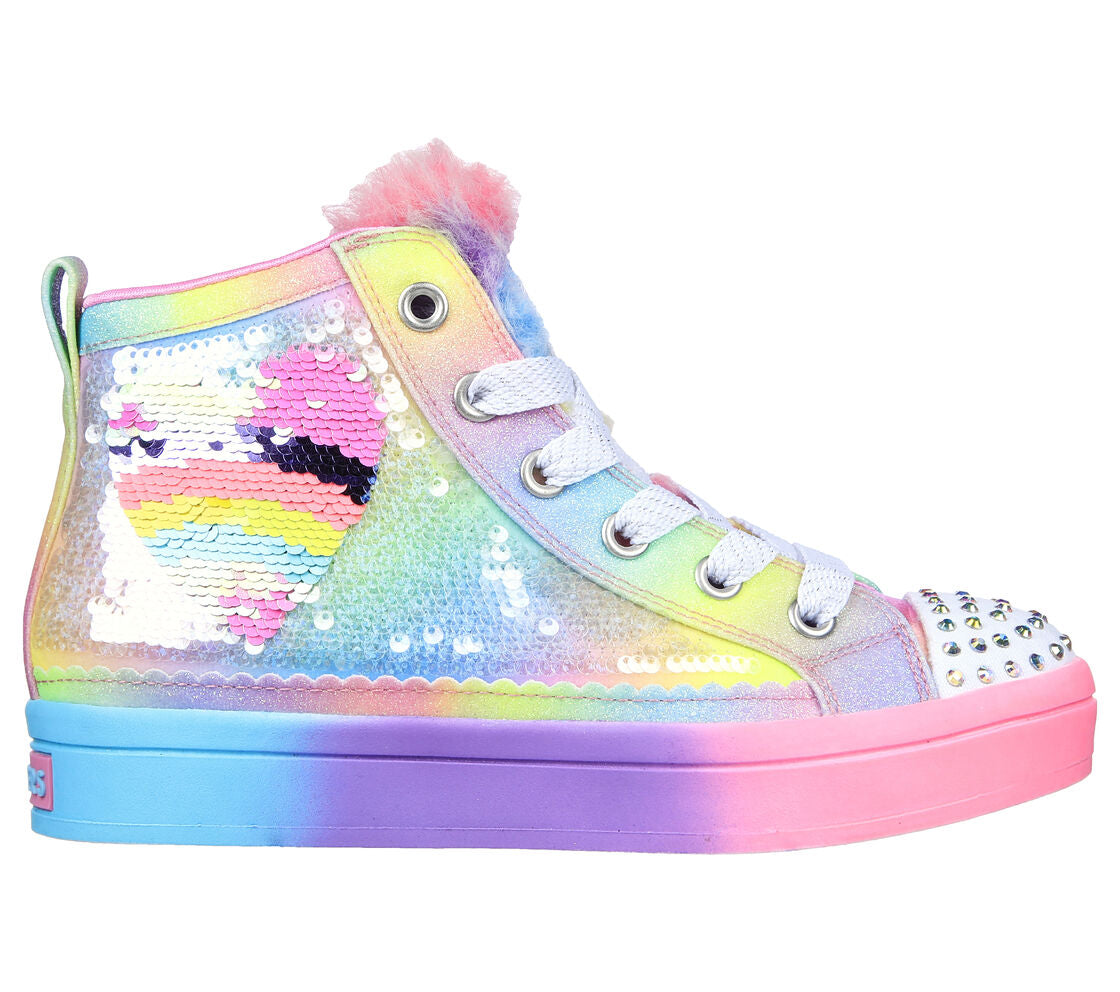 A girls Hi Top boot by Skechers, style Rainbow Joys ,in rainbow sequin with lace and zip fastening. Right side view.