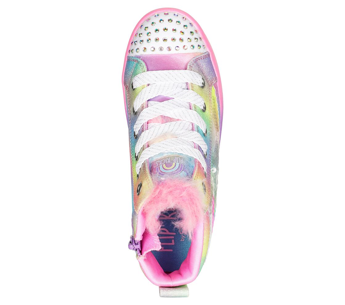 A girls Hi Top boot by Skechers, style Rainbow Joys ,in rainbow sequin with lace and zip fastening. Above view.