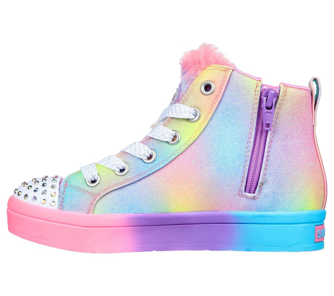 A girls Hi Top boot by Skechers, style Rainbow Joys ,in rainbow sequin with lace and zip fastening. Left side view.