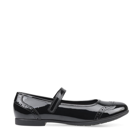 A girls school shoe by StartRite, style Impress in black patent with velcro strap and pattern detail on front and back. Right side view 