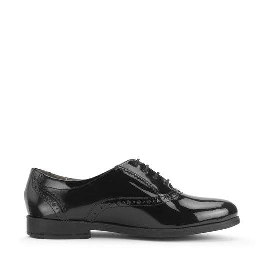 A girls school shoe by Start-Rite, style Hermione, in black patent with brogue detail and lace fastening. Right side view.
