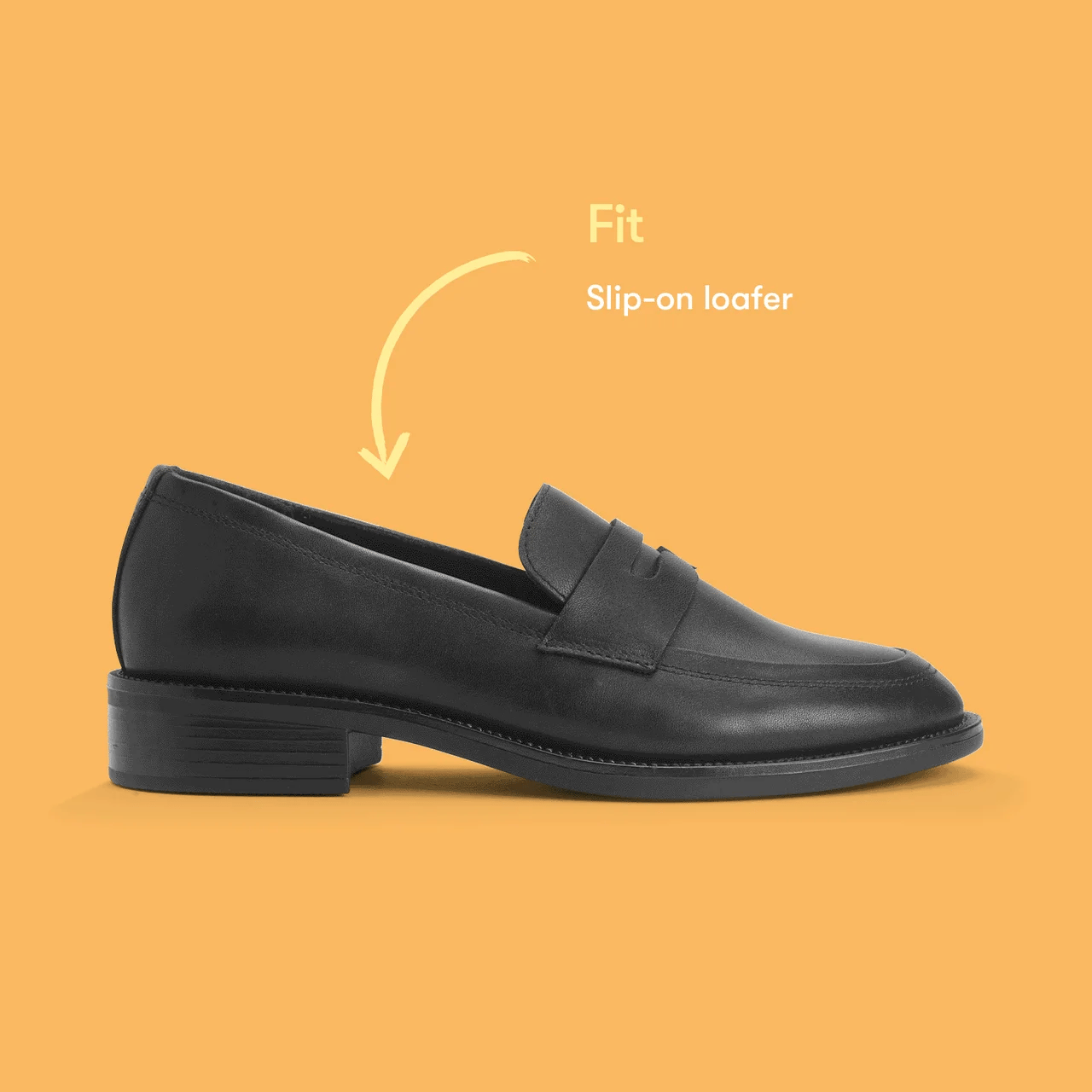 A girls slip on school shoe by Start Rite, style Milan, in black leather with small heel. Text above shoe stating Slip-on loafer. Right side view.