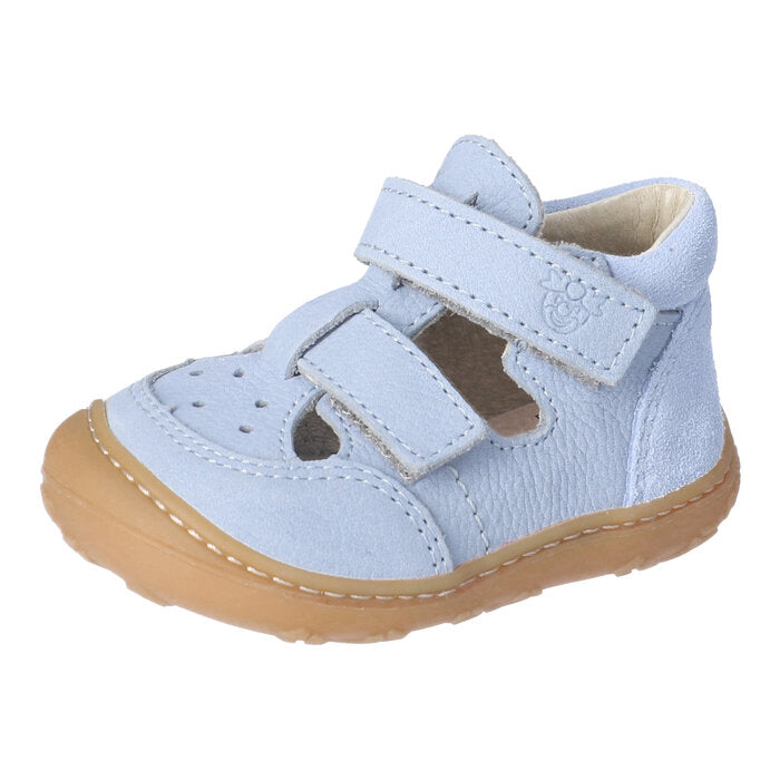 A unisex sandal/shoe by Ricosta, style Eni, in pale blue leather/nubuck with double velcro fastening. Left side view.