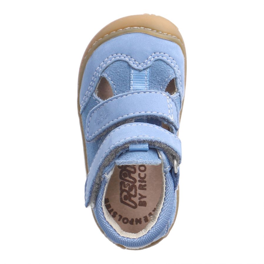 A unisex sandal by Ricosta, style Ebi in cloud blue with two velcro straps and toe and heel bumpers. Top view