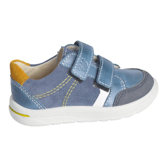 A boys shoe by Ricosta, style Jamie in blue with mustard trim, double velcro fastening. Right side view.