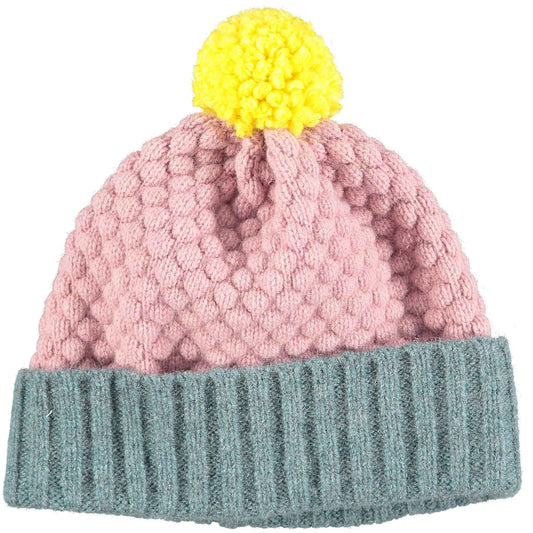 Lambswool knit bobble hat, grey and pink with yellow bobble.