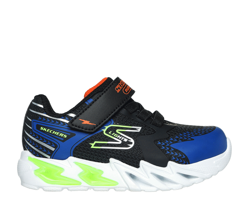 A boys light up trainer by Skechers, style Flex-Glow Bolt, in black/blue synthetic with bungee laces and velcro fastening. Right side view.