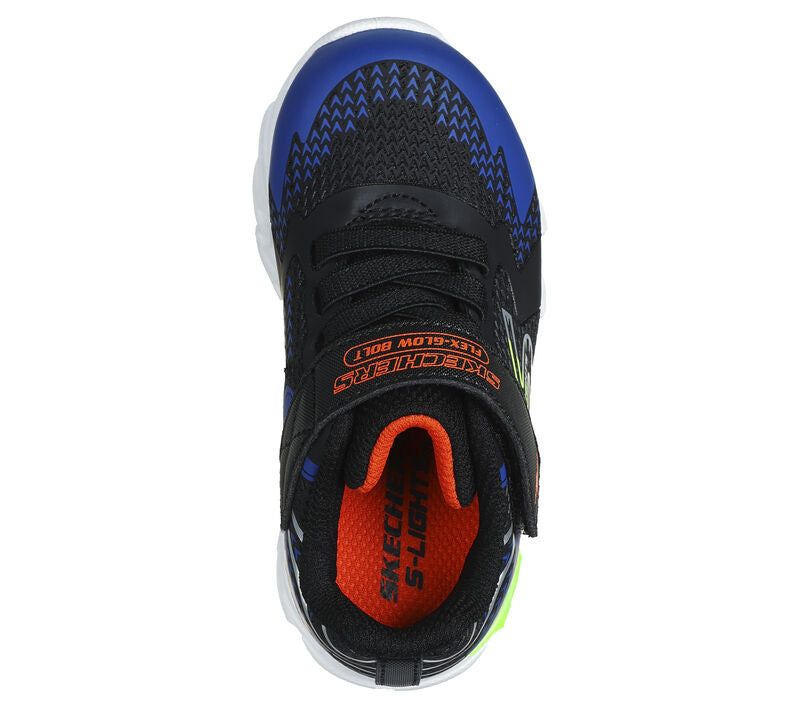 A boys light up trainer by Skechers, style Tri-Namics, in black yellow and blue synthetic with bungee lace and velcro fastening. View from above.