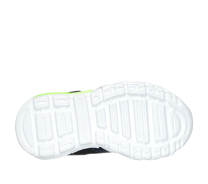 A boys light up trainer by Skechers, style Tri-Namics, in black yellow and blue synthetic with bungee lace and velcro fastening. View of white sole.