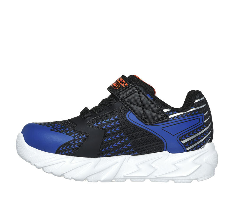 A boys light up trainer by Skechers, style Tri-Namics, in black yellow and blue synthetic with bungee lace and velcro fastening. Left side view.
