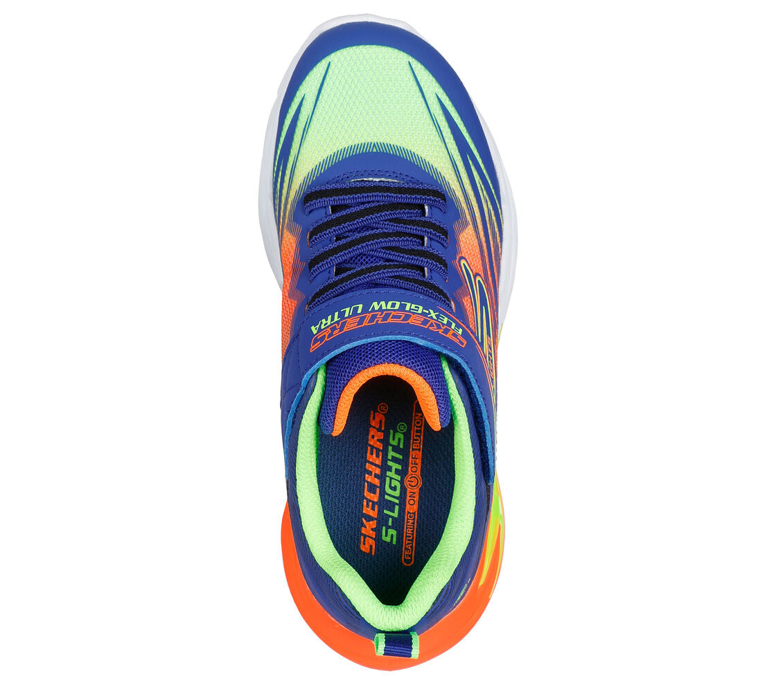 A boys light up trainer by Skechers, style 400139N Flex Glow Ultra, in blue multi with light up sole . Velcro and elastic lace fastening. Right side view. Above view.