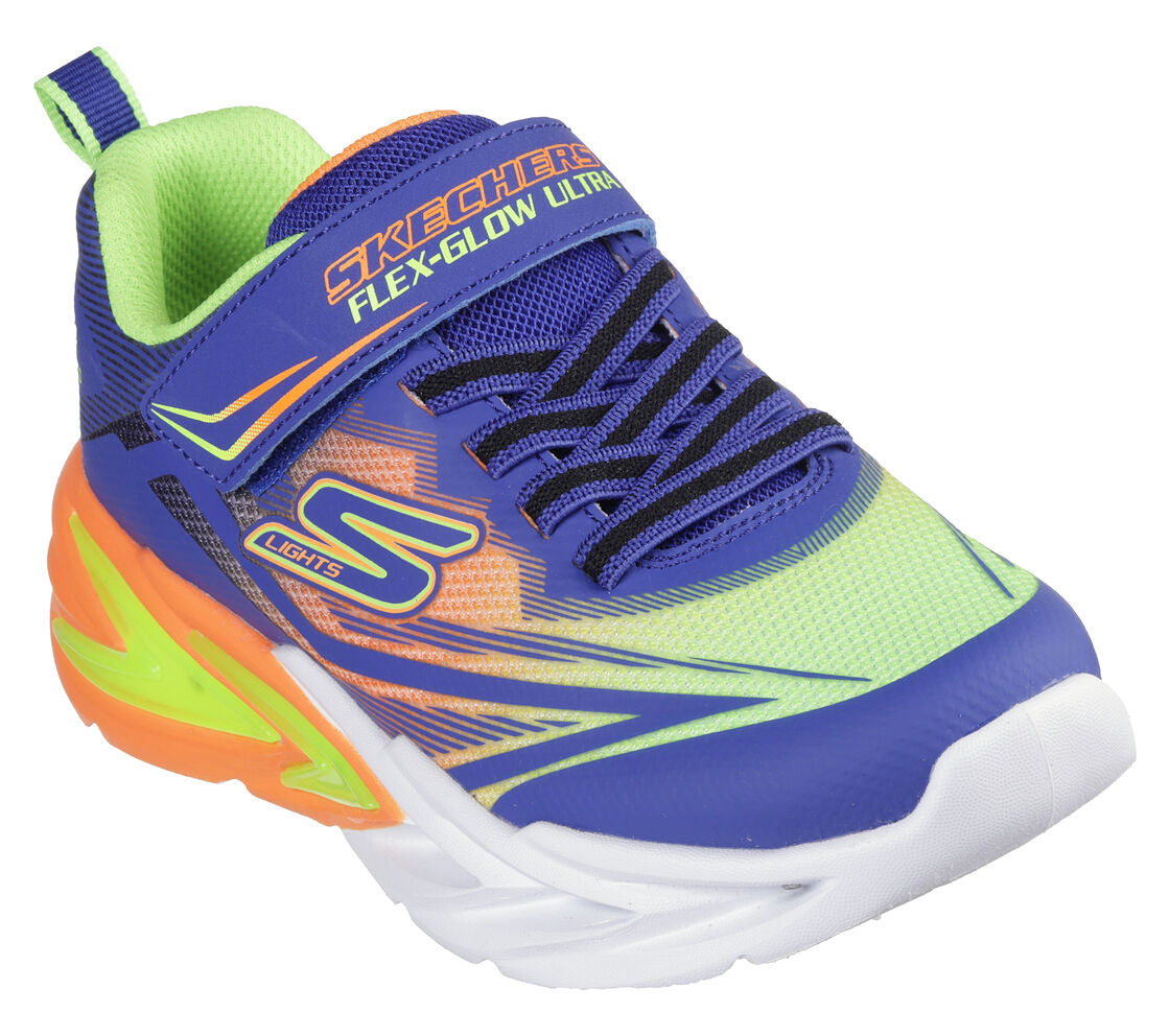 A boys light up trainer by Skechers, style 400139N Flex Glow Ultra, in blue multi with light up sole . Velcro and elastic lace fastening. Angled right side view.