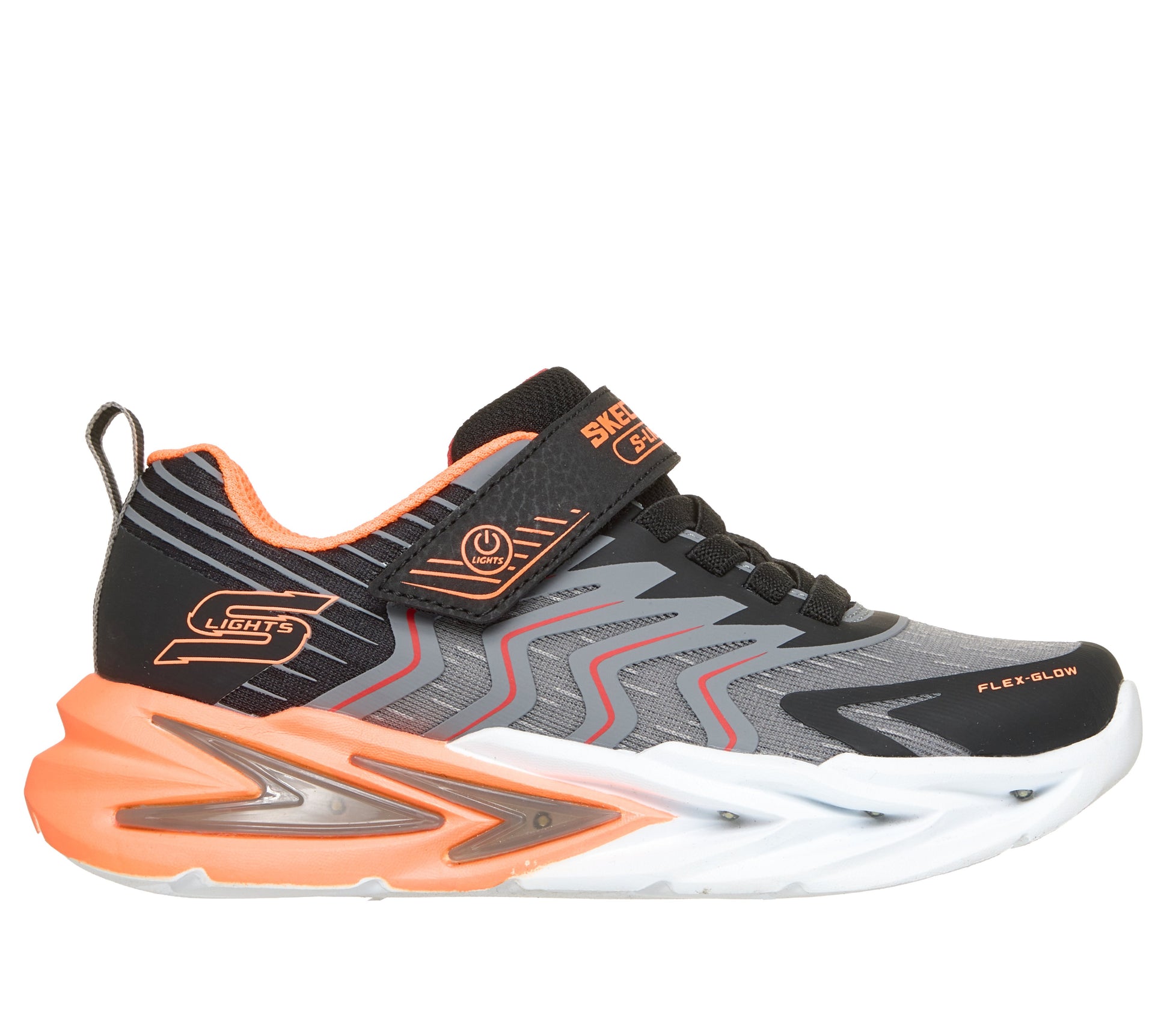 Skechers Flex Glow Ultra Prism Pacer trainers in black, grey and orange with visible branding, lights and an orange and white sole. Right side view. 