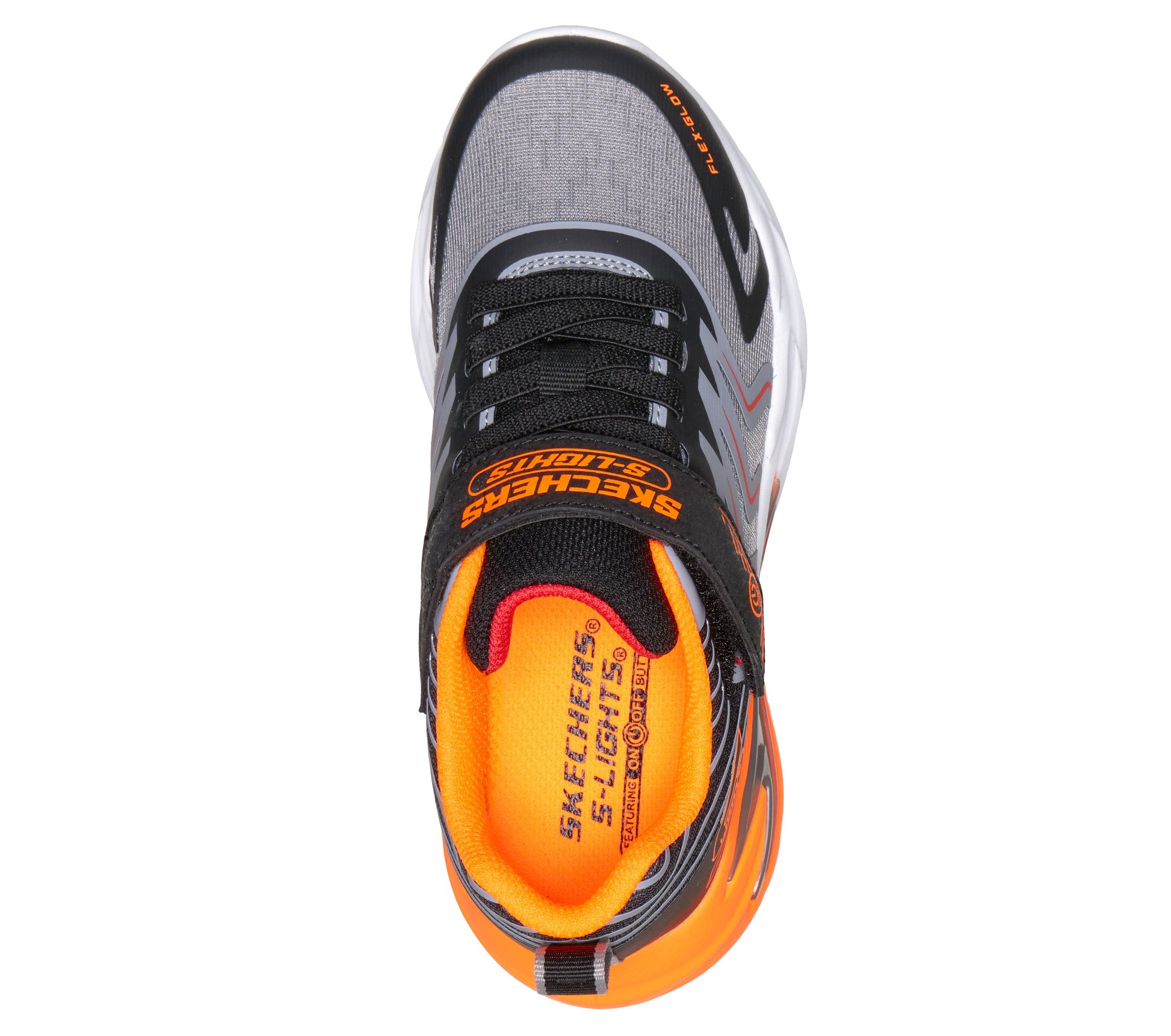 Skechers Flex Glow Ultra Prism Pacer trainers in black, grey and orange with visible branding, lights and an orange and white sole. Top view. 