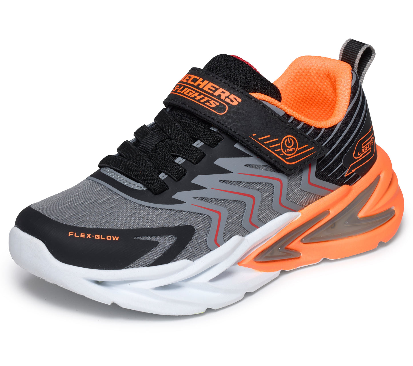Skechers Flex Glow Ultra Prism Pacer trainers in black, grey and orange with visible branding, lights and an orange and white sole. Front left view. 