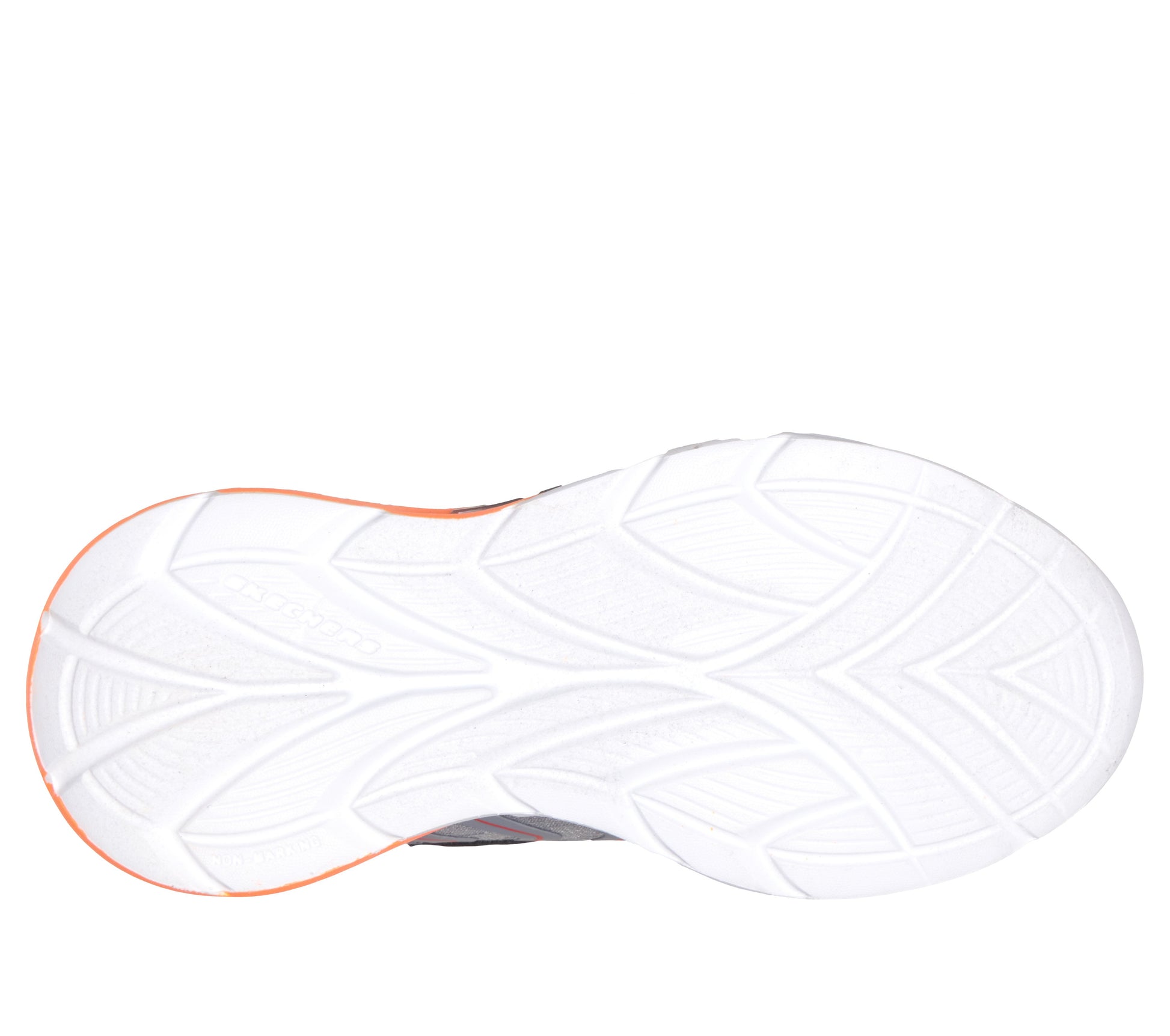 Skechers Flex Glow Ultra Prism Pacer trainers in black, grey and orange with visible branding, lights and an orange and white sole. View of sole.