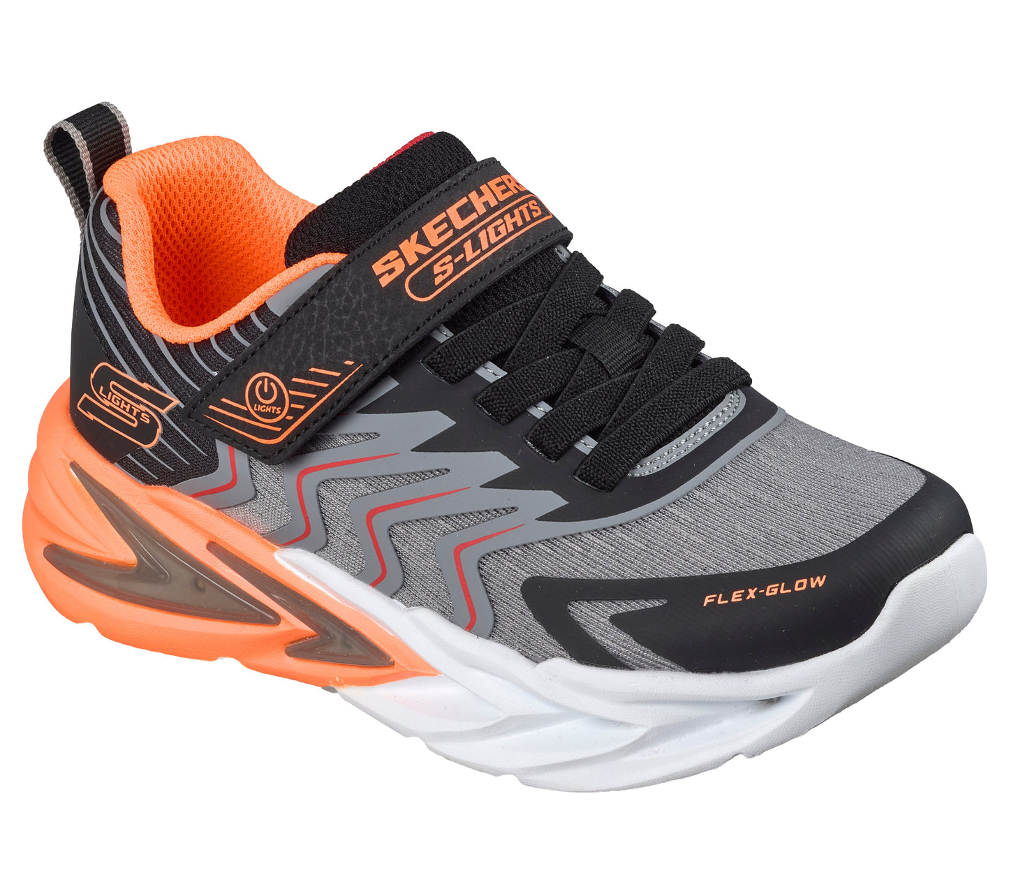Skechers Flex Glow Ultra Prism Pacer trainers in black, grey and orange with visible branding, lights and an orange and white sole. Front right view