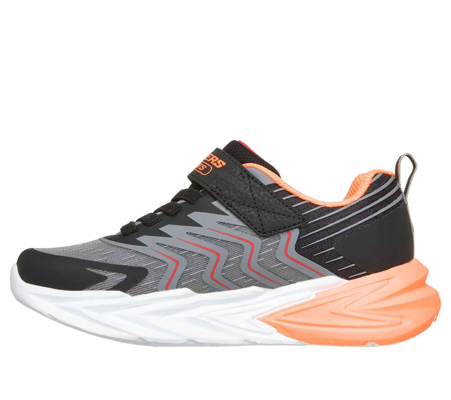 Skechers Flex Glow Ultra Prism Pacer trainers in black, grey and orange with visible branding, lights and an orange and white sole. Inner right side view.