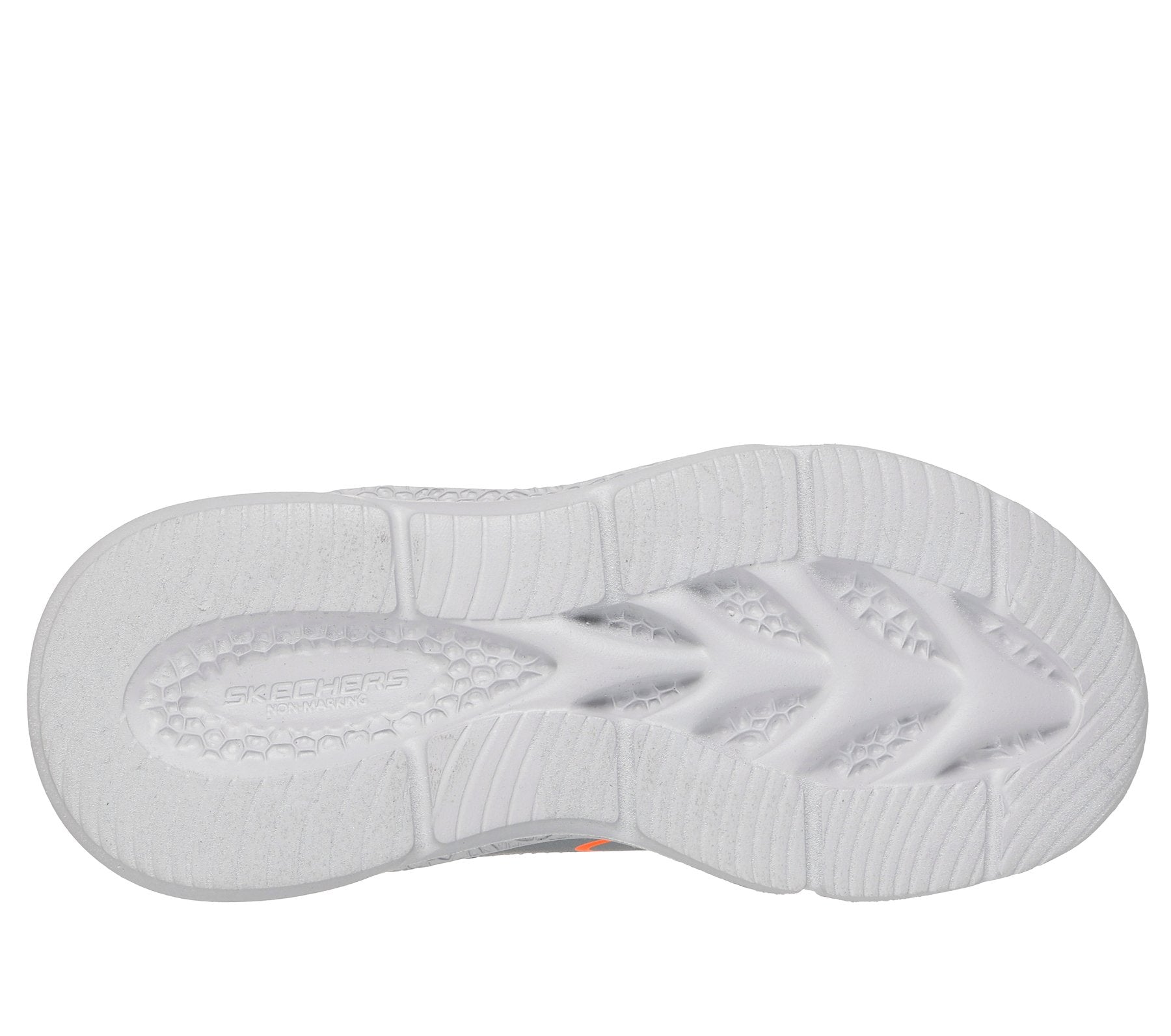 A boys casual trainer by Skechers, style Meteor Lights Glow Strider 401497L, in silver, navy and orange with light up sole and velcro fastening. View of sole.