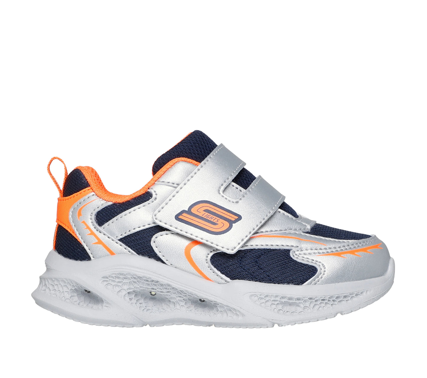A boys trainer by Skechers, style Meteor Lights Glow Spike 401498N, in silver ,orange and navy with velcro fastening and light up sole. Right side view.