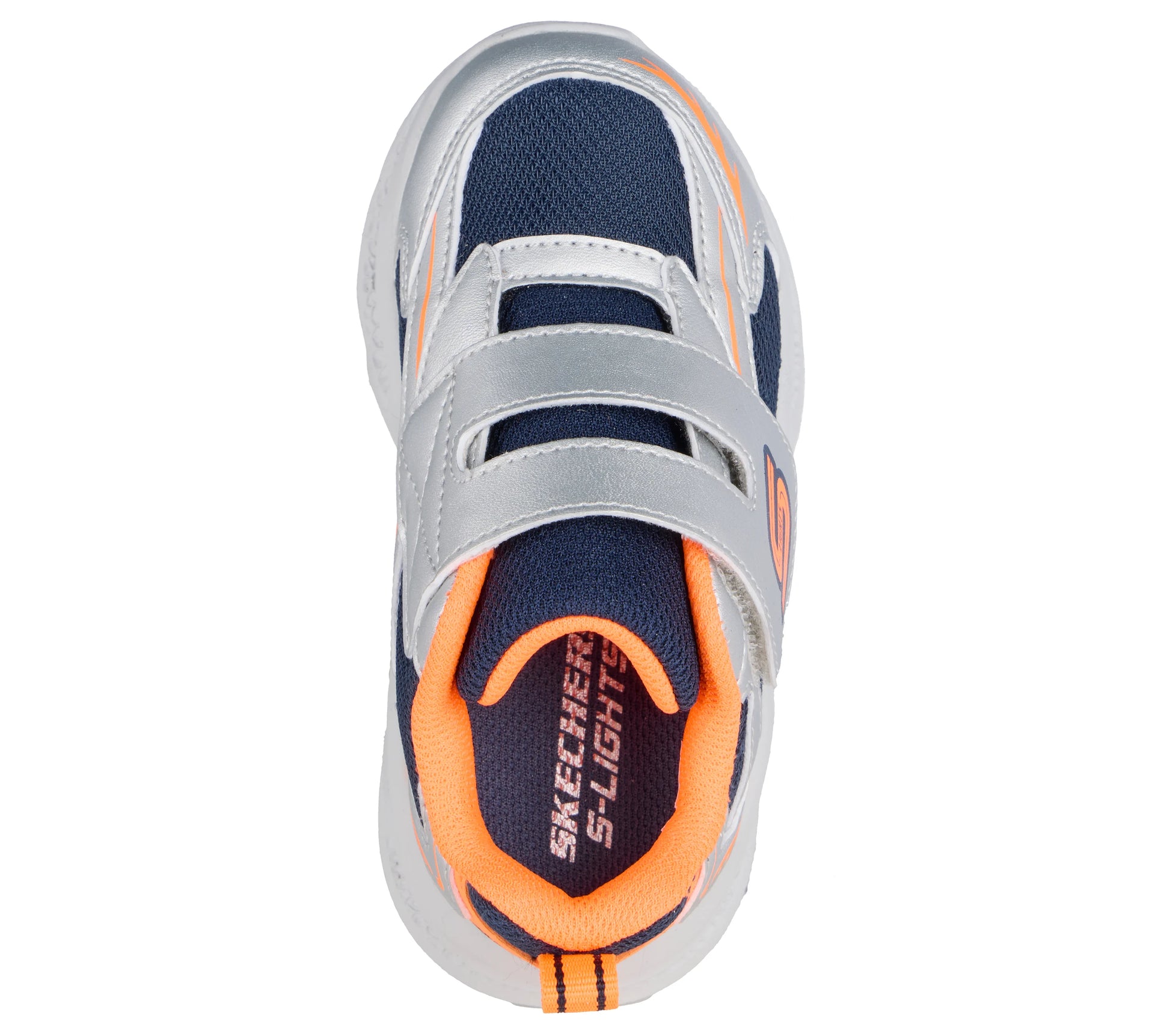 A boys trainer by Skechers, style Meteor Lights Glow Spike 401498N, in silver ,orange and navy with velcro fastening and light up sole. Right side view. Above view.