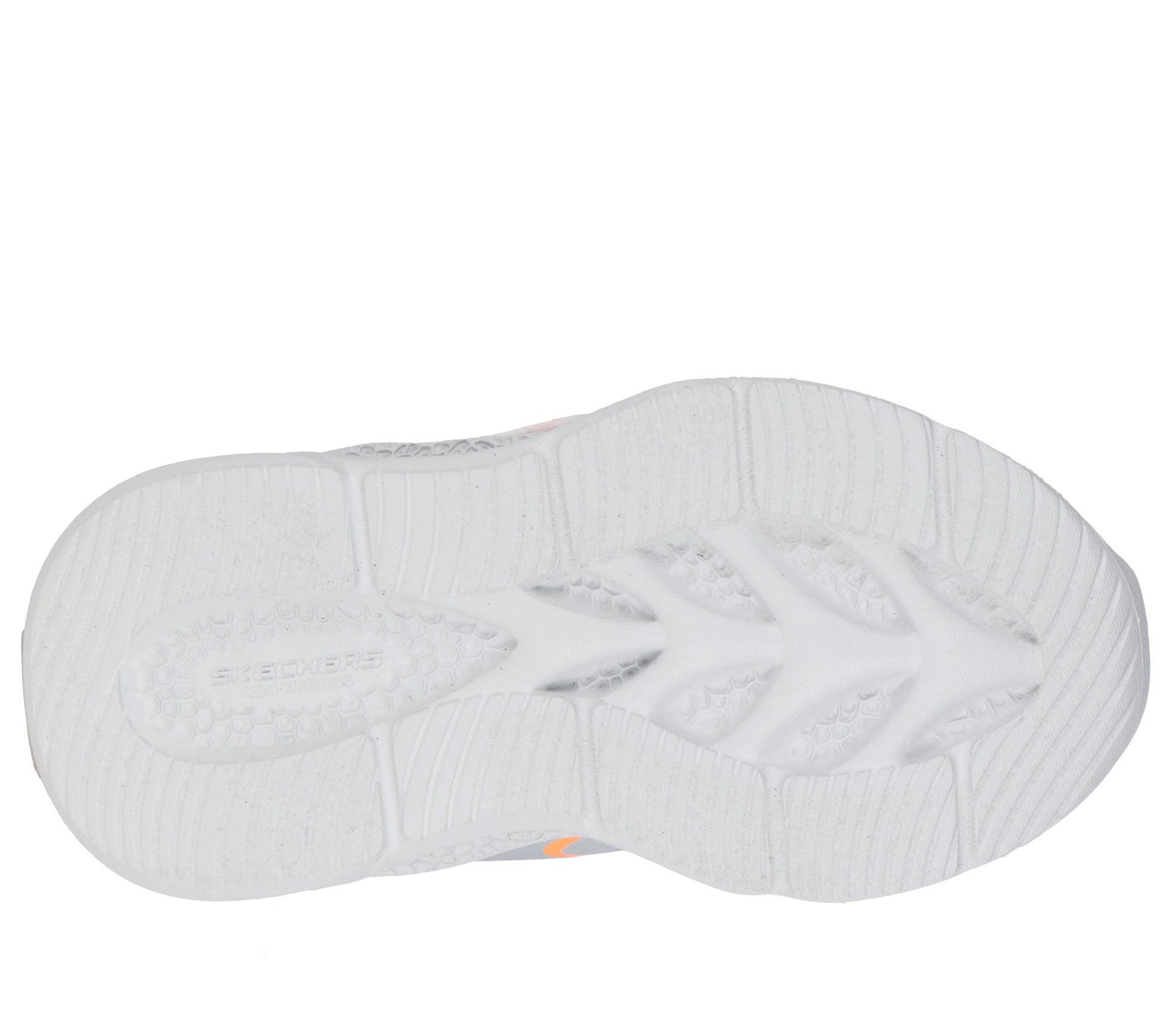 A boys trainer by Skechers, style Meteor Lights Glow Spike 401498N, in silver ,orange and navy with velcro fastening and light up sole. Right side view. Sole view.