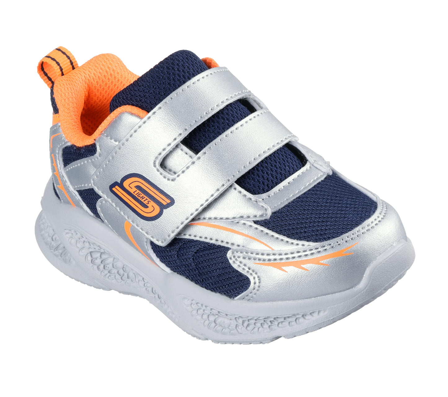 A boys trainer by Skechers, style Meteor Lights Glow Spike 401498N, in silver ,orange and navy with velcro fastening and light up sole. Right side view. Angled right sided view.