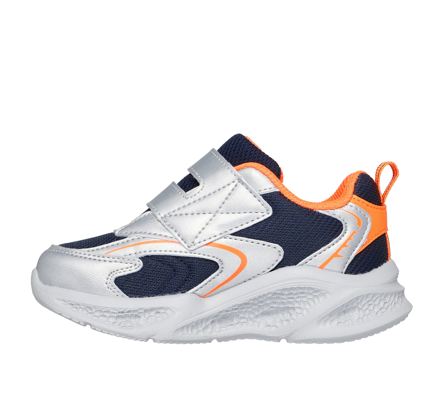 A boys trainer by Skechers, style Meteor Lights Glow Spike 401498N, in silver ,orange and navy with velcro fastening and light up sole. Right side view. Left side view.