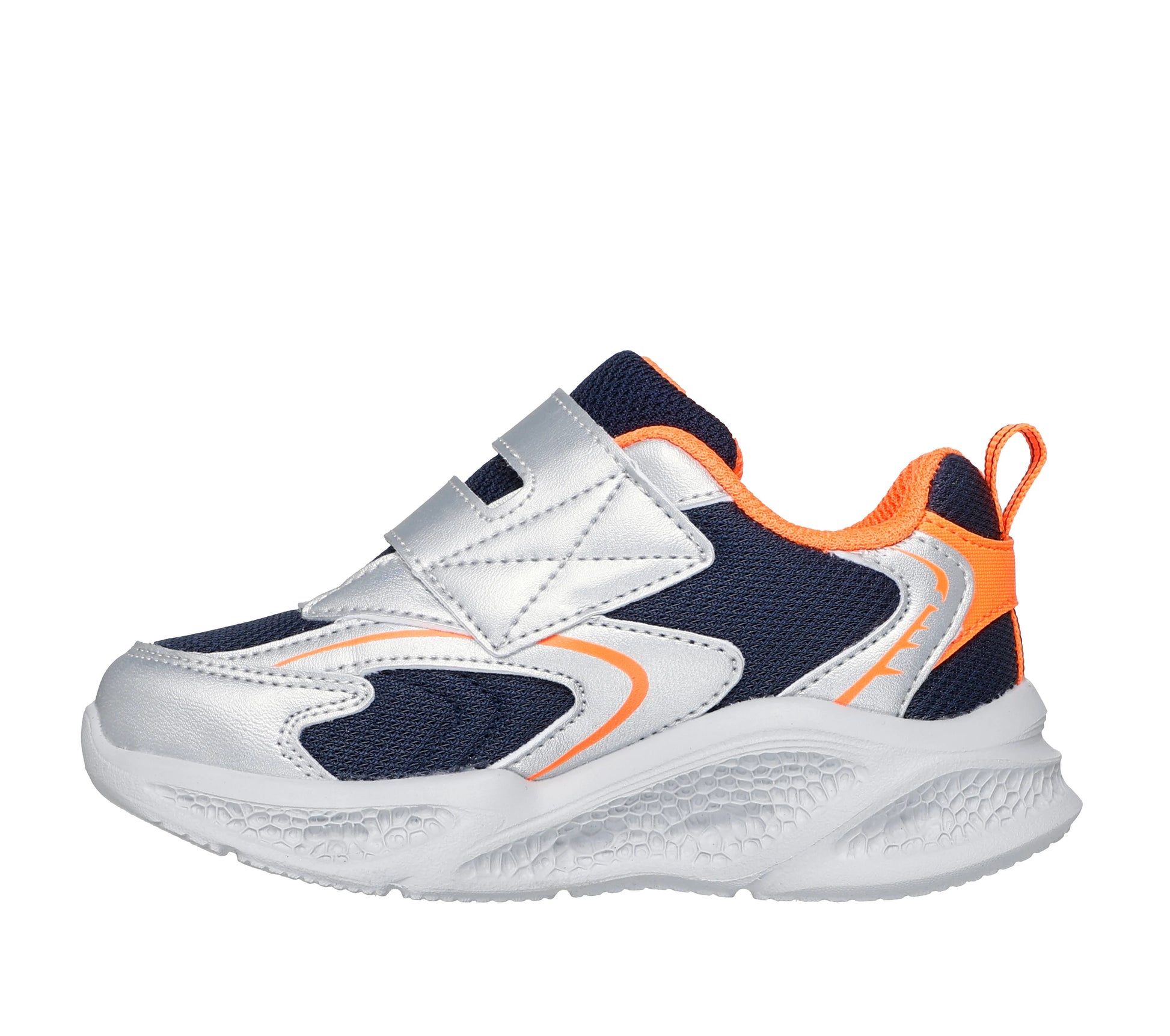 A boys trainer by Skechers, style Meteor Lights Glow Spike 401498N, in silver ,orange and navy with velcro fastening and light up sole. Right side view. Left side view.