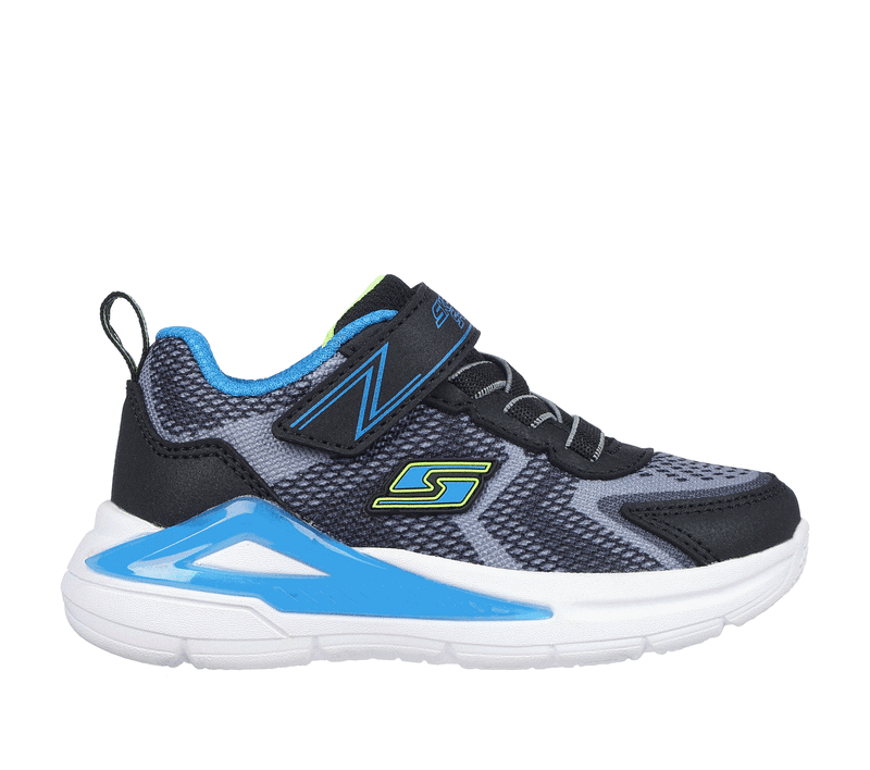 A boys light up trainer by Skechers, style Tri-Namics, in black yellow and blue synthetic with bungee lace and velcro fastening. Right side view.