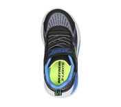 A boys light up trainer by Skechers, style Tri-Namics, in black yellow and blue synthetic with bungee lace and velcro fastening. Above view.