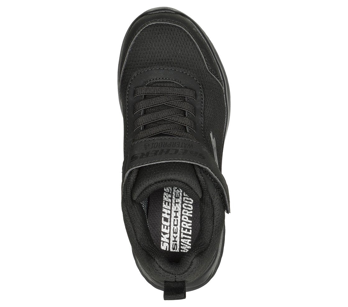 A waterproof  unisex trainer by Skechers, style Bounder Dripper Drop, in black synthetic with single velcro fastening.Above view.