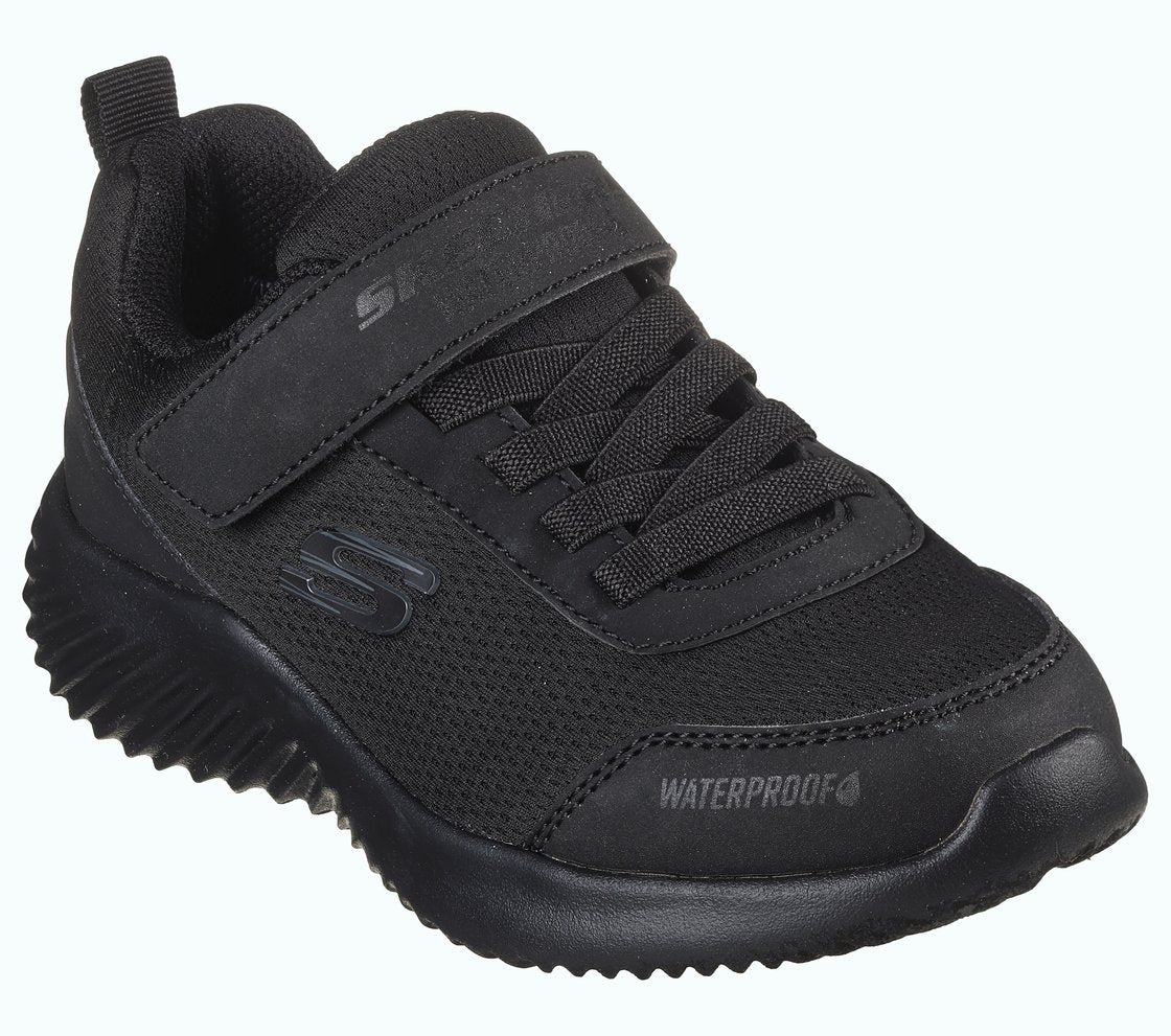 A waterproof  unisex trainer by Skechers, style Bounder Dripper Drop, in black synthetic with single velcro fastening. Angled view.