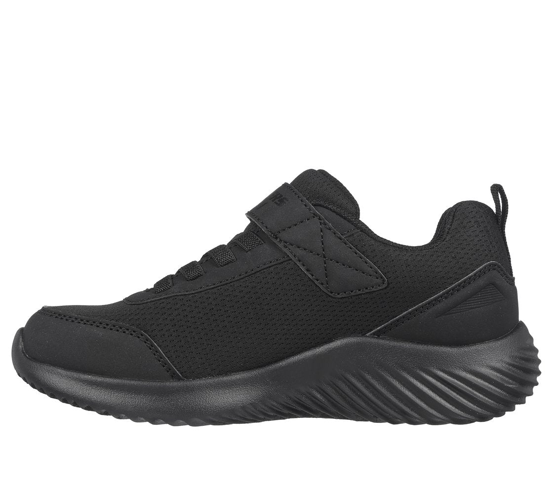A waterproof  unisex trainer by Skechers, style Bounder Dripper Drop, in black synthetic with single velcro fastening. Left side view.