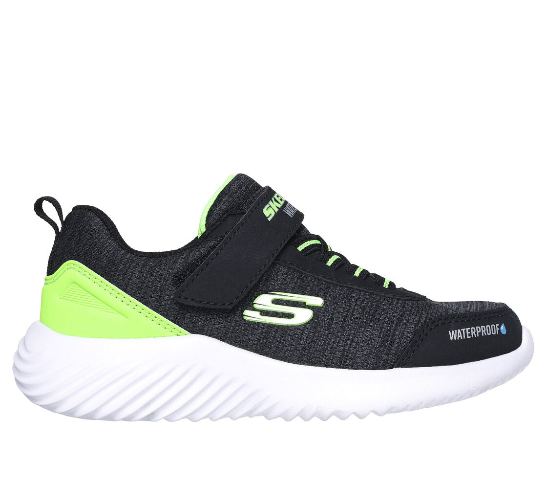 A boys casual waterproof trainer by Skechers, style 403739L Bounder Dripper Drop, in black and lime with elastic laces with velcro fastening. Right side view.
