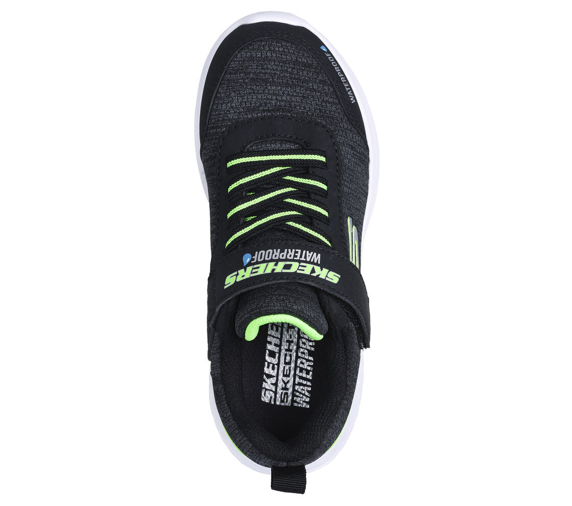 A boys casual waterproof trainer by Skechers, style 403739L Bounder Dripper Drop, in black and lime with elastic laces with velcro fastening. View from above.