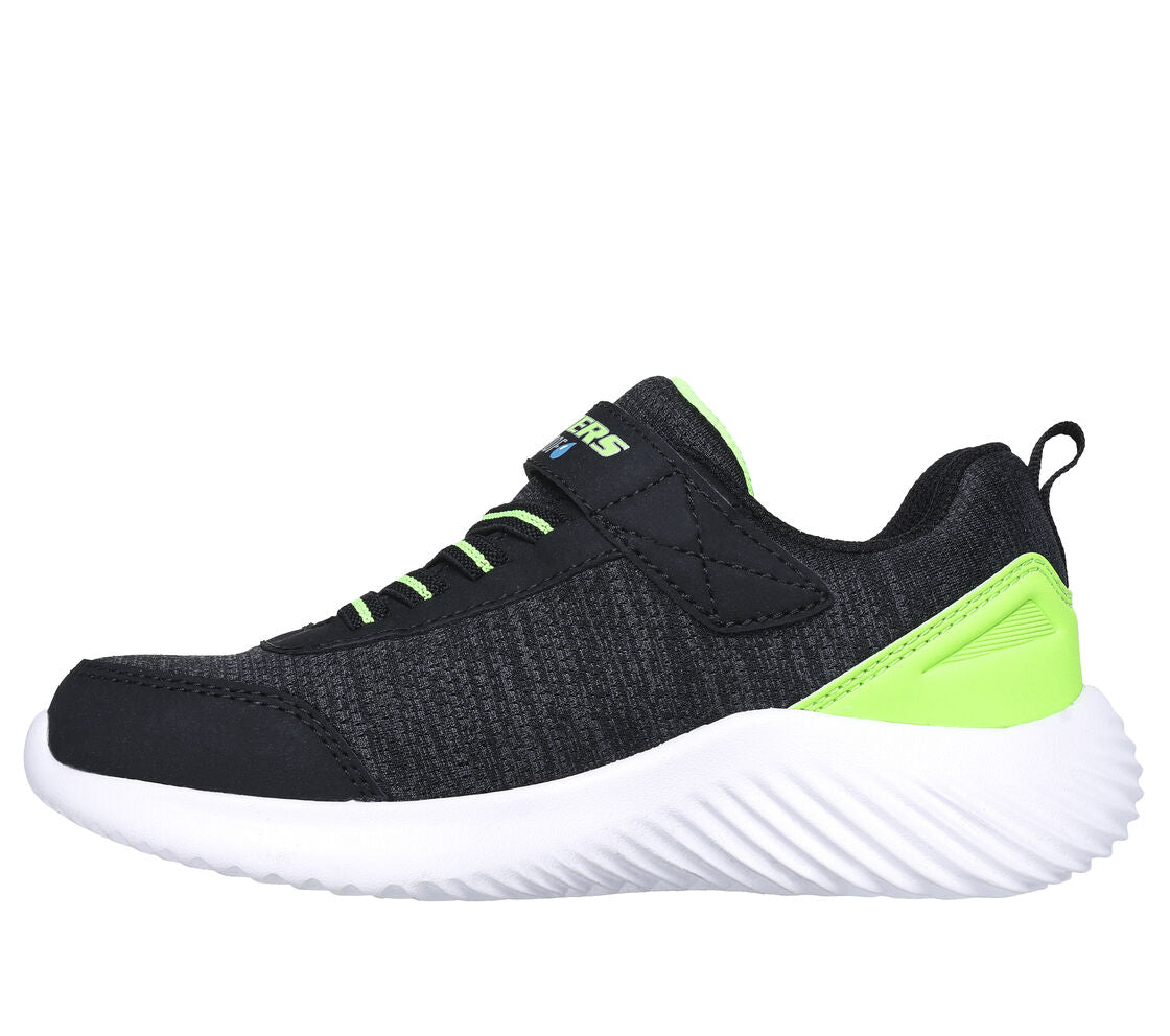 A boys casual waterproof trainer by Skechers, style 403739L Bounder Dripper Drop, in black and lime with elastic laces with velcro fastening. Left side view.